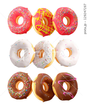 Assorted donuts with colorful icing, sprinkles, and chocolate isolated on white transparent background 129247287