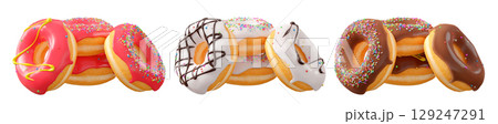 Assorted donuts with colorful icing, sprinkles, and chocolate isolated on white transparent background 129247291