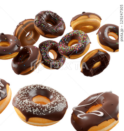 Donuts with chocolate glaze, sprinkles, white drizzle, and dots isolated on white transparent background Donuts with chocolate glaze, sprinkles, white drizzle, and dots isolated on white transparent background 129247305