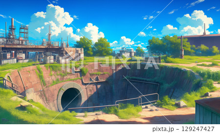 工場跡の用水路のトンネルの風景、アニメ風 工場跡の用水路のトンネルの風景、アニメ風 129247427