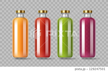 Glass bottle set with colorful juice drinks 129247501