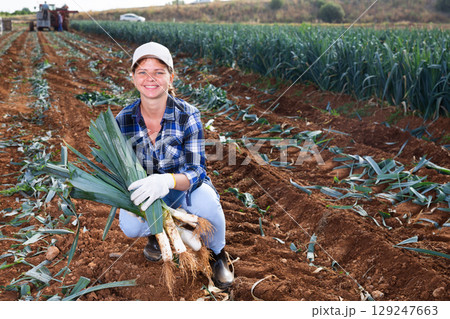 Woman posing with leek crop on field Woman posing with leek crop on field 129247663