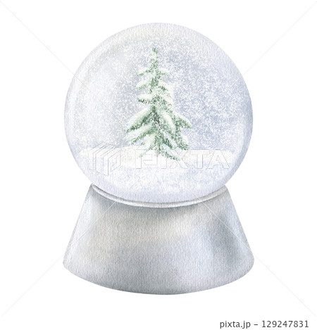 Snow Globe with a Christmas tree inside. Watercolor illustration of a glass snowball. Hand drawn holiday vintage sketch of Snowglobe on white isolated background. Water color painting art image 129247831