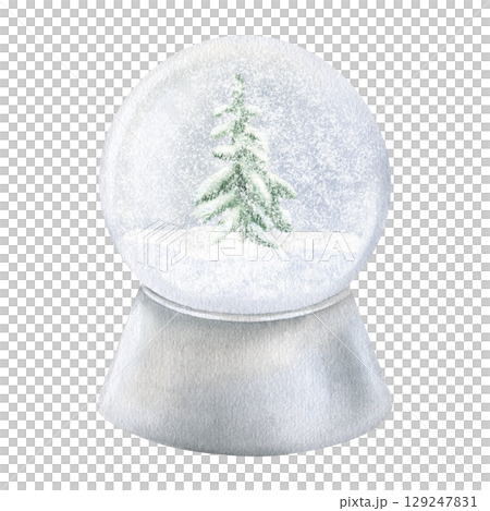 Snow Globe with a Christmas tree inside. Watercolor illustration of a glass snowball. Hand drawn holiday vintage sketch of Snowglobe on white isolated background. Water color painting art image 129247831