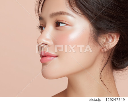 美しいフェイスラインと輝く美肌の女性 129247849