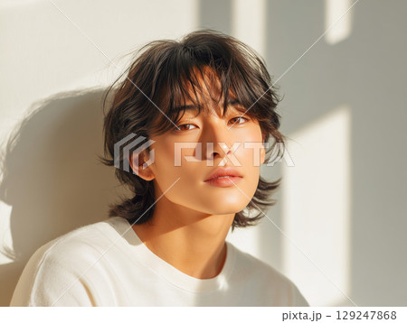 柔らかな光に映える白シャツの男性モデル 129247868