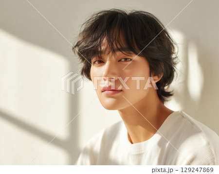 光と影が美しい静かな表情の男性 129247869