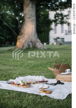 Enjoying a relaxing picnic under a large tree in a beautiful green park garden 129247929