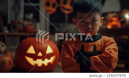 腕を組んで怒るハロウィンの日本人の男の子 腕を組んで怒るハロウィンの日本人の男の子 129247970