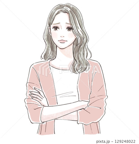 水彩風・腕を組んで悩む女性の手描きイラスト素材 水彩風・腕を組んで悩む女性の手描きイラスト素材 129248022