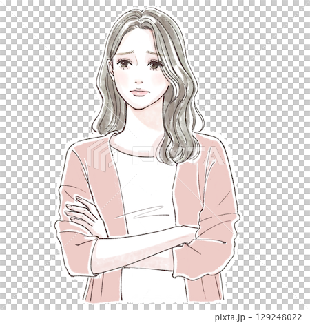 水彩風・腕を組んで悩む女性の手描きイラスト素材 水彩風・腕を組んで悩む女性の手描きイラスト素材 129248022
