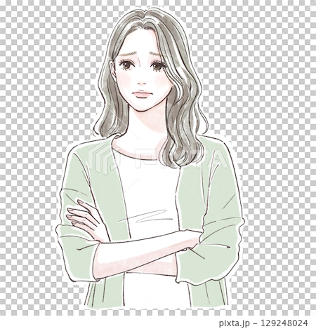 Watercolor style, hand-drawn illustration of a worried woman with her arms crossed 129248024