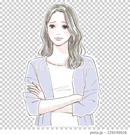 Watercolor style, hand-drawn illustration of a worried woman with her arms crossed 129248026
