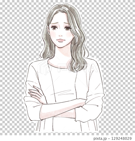 Watercolor style, hand-drawn illustration of a worried woman with her arms crossed 129248029