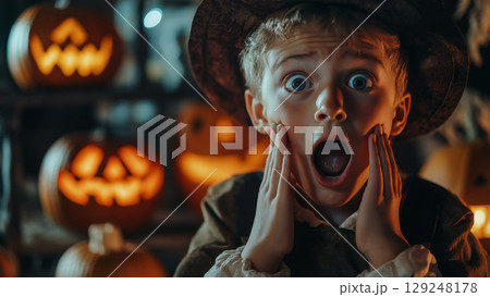 両手を顔に当てて驚くハロウィンの白人の男の子 129248178