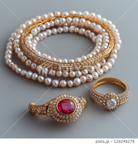 Elegant ruby jewelry set featuring a stunning ring and exquisite pearl necklace displayed on a smooth surface, showcasing intricate details and craftsmanship that enhance allure 129248278