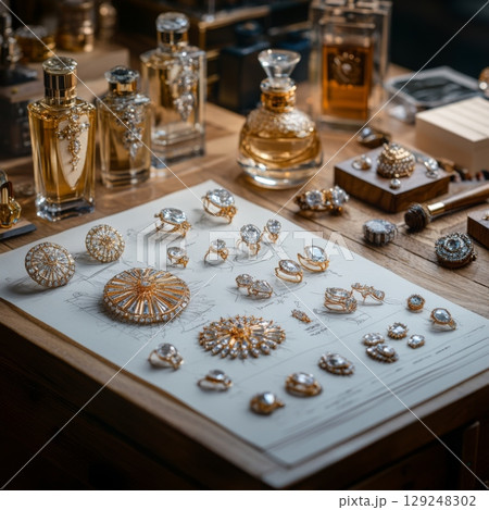 Jewelry workshop showcasing intricate designs, fine craftsmanship, and luxurious pieces on display at a bustling artisan studio, capturing beauty of unique creations by skilled artisans 129248302