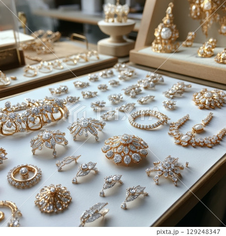 Exquisite display of ornate jewelry featuring intricate designs and sparkling gems in a stylish shop setting ideal for discerning buyers seeking elegant adornments and unique treasures Exquisite display of ornate jewelry featuring intricate designs and sparkling gems in a stylish shop setting ideal for discerning buyers seeking elegant adornments and unique treasures 129248347