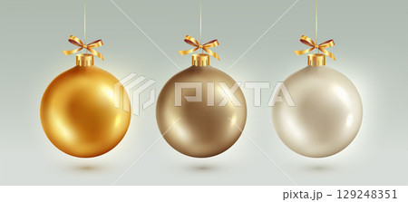 Gold Christmas bauble with ribbon and bow. Vector illustration. Christmas decoration 129248351