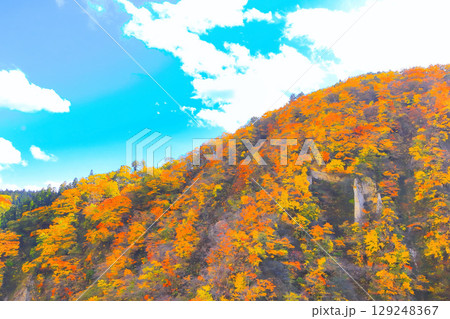 爽やかな青空と鮮やかな紅葉の鳴子峡 129248367