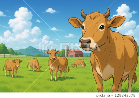 牧場　ジャージー牛　アニメ調 129248379