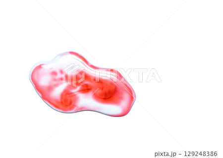Water and blood drop isolated on white background. Splattered translucent bloody paint surface closeup Water and blood drop isolated on white background. Splattered translucent bloody paint surface closeup 129248386