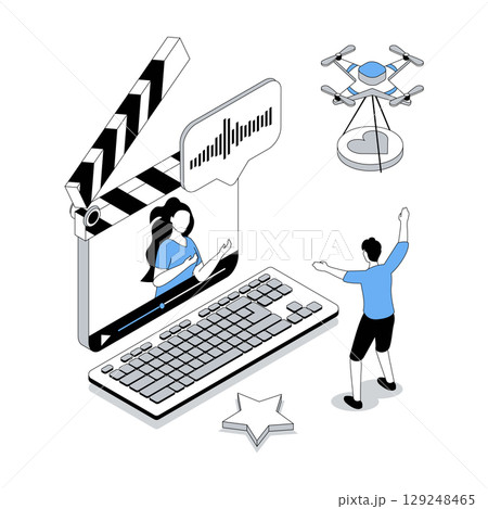 Blogging 3d isometric concept with isometry people design for web. Blogger creating videos in social media, developing blog, follower watching content and live broadcasting. Vector illustration 129248465