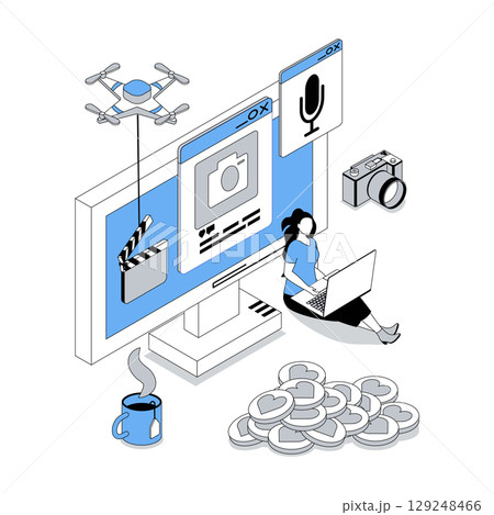 Blogging 3d isometric concept with isometry people design for web. Blogger creating video, photo and audio content in personal social media, developing blog and getting followers. Vector illustration Blogging 3d isometric concept with isometry people design for web. Blogger creating video, photo and audio content in personal social media, developing blog and getting followers. Vector illustration 129248466