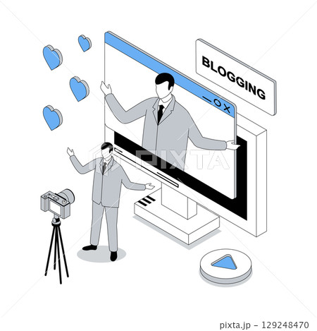 Blogging 3d isometric concept with isometry people design for web. Blogger recording new video with camera, creating new post in blog, collecting likes and attracting followers. Vector illustration Blogging 3d isometric concept with isometry people design for web. Blogger recording new video with camera, creating new post in blog, collecting likes and attracting followers. Vector illustration 129248470