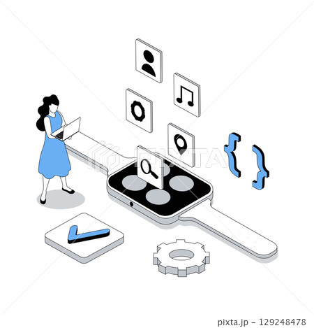 App development 3d isometric concept with isometry people design for web. Woman creating smart watch interface, placing applications buttons on screen, programming and coding. Vector illustration 129248478