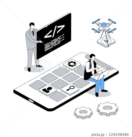 App development 3d isometric concept with isometry people design for web. Team working with code, programming, creating mobile interface, placing applications buttons on screen. Vector illustration 129248480