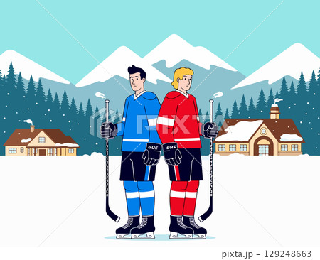 Two Hockey Players in Winter Landscape 129248663