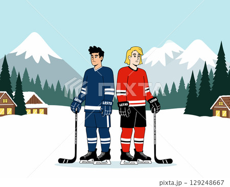 Two Hockey Players in Winter Landscape Two Hockey Players in Winter Landscape 129248667
