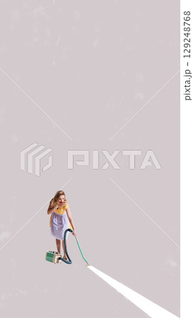 Contemporary collage of surprised woman vacuuming bright beam on pastel background with full copy space 129248768