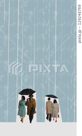 Handmade collage of four people with umbrellas walking in vertical rain with full vertical copy space 129248769