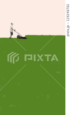 Trendy social media background. Man mowing green lawn with wide copy space below Trendy social media background. Man mowing green lawn with wide copy space below 129248782