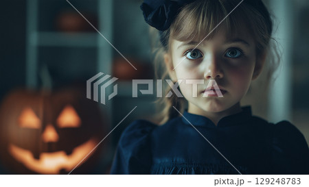 まっすぐ前を見るハロウィンの白人の女の子 129248783