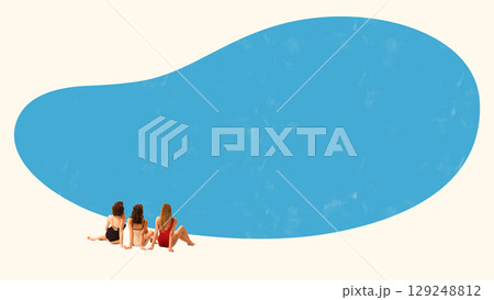 Graphic composition of three women sitting by blue abstract water shape with soft copy space 129248812