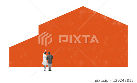Collage template of two people pointing at large red-orange shape with wide copy space 129248813