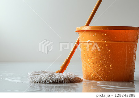 Product focused. Bucket with mop and water on a white background. Janitors, offices and professional cleaning services. Product focused. Bucket with mop and water on a white background. Janitors, offices and professional cleaning services. 129248899
