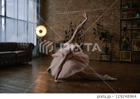 A graceful ballet dancer posing elegantly in a beautiful artistic studio setting A graceful ballet dancer posing elegantly in a beautiful artistic studio setting 129248964