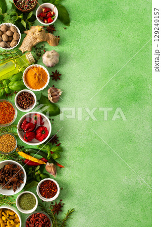 Fresh, fragrant spices and herbs arranged in an array of colors, sitting on a soft green backdrop, bringing flavor and zest to any kitchen, top view and copy space 129249157