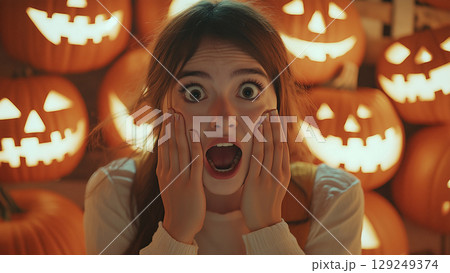 大量のジャックオーランタンと驚く女性 129249374