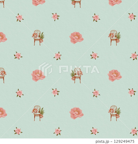 peony seamless pattern watercolor chair illustration pink blue 129249475