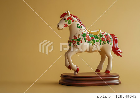 艶やかに彩られた華やかな花模様の干支白馬の置物 129249645