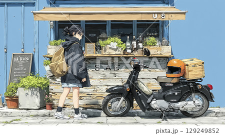 スクーターで買い物に来た女性 スクーターで買い物に来た女性 129249852