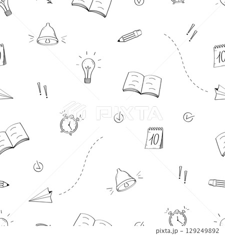 Seamless pattern of back to school doodle icons. Vector illustration of school supplies background. 129249892