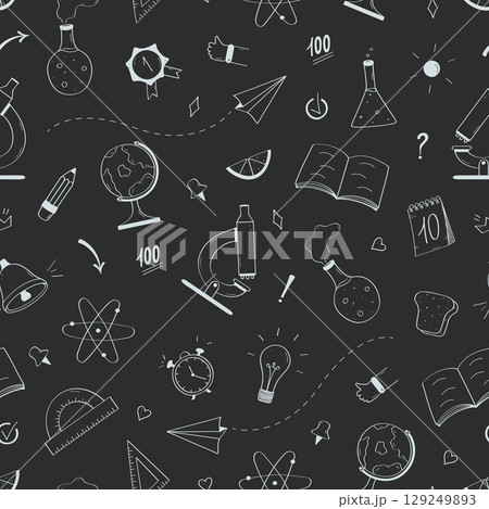 Seamless pattern of back to school doodle icons. Vector illustration of school supplies background. 129249893