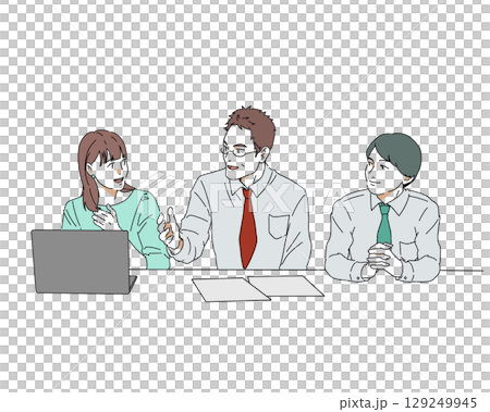 会議する3人 129249945