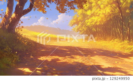 秋の森の未舗装の道路の風景、アニメ風 秋の森の未舗装の道路の風景、アニメ風 129249950